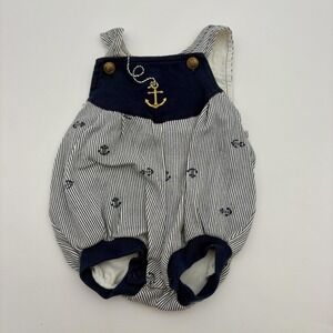 Nautical Anchor Romper Boys 12-18M Navy Blue Striped Bubble One Piece Overall